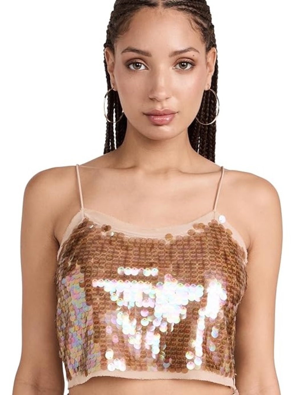 Love Shack Fancy Velma Sequin Tank Top in Tawny Tan Nude sz 10 Crop Square Nexk